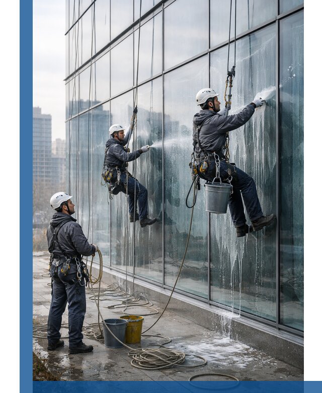 Промышленная мойка панорамных окон на высоте в Ишимбае