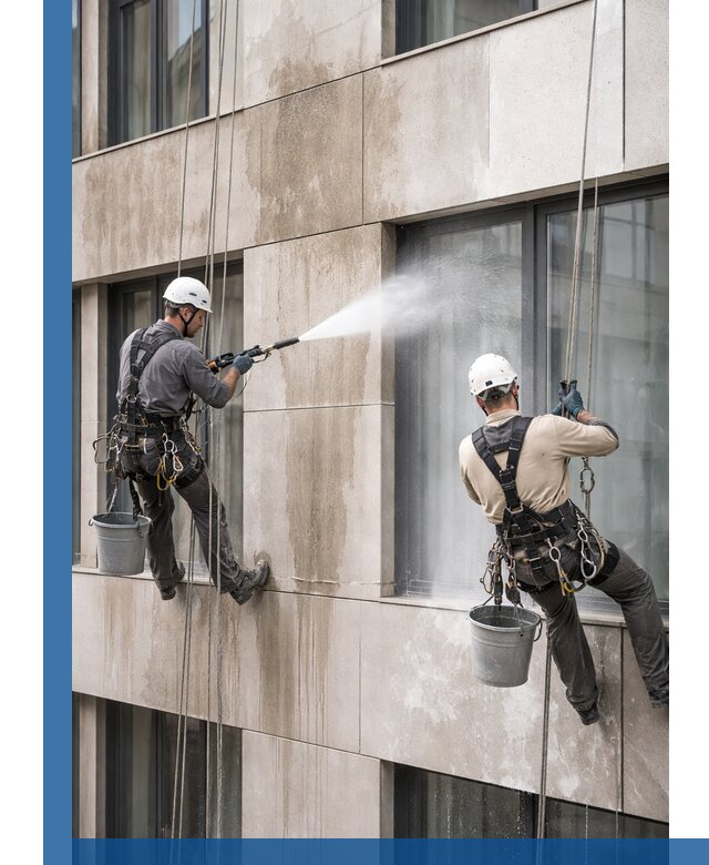 Послестроительная мойка фасада промышленным альпинизмом в Ишимбае