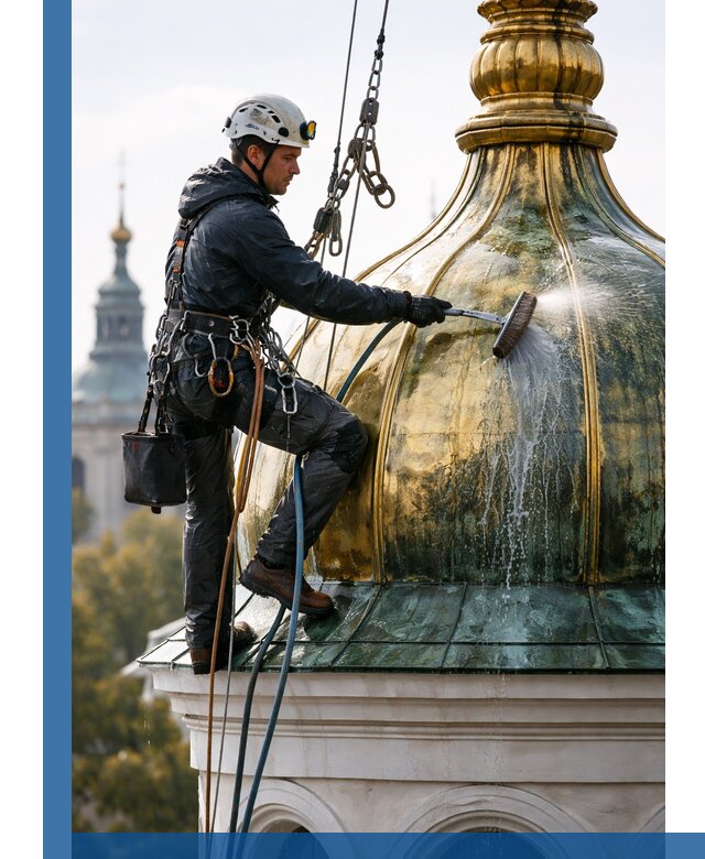 Профессиональная мойка куполов и шпилей высотными альпинистами в Ишимбае