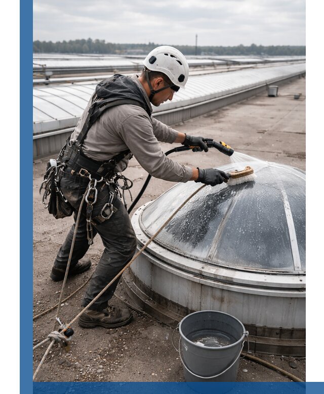 Мойка зенитных фонарей на кровле для промышленных объектов в Ишимбае