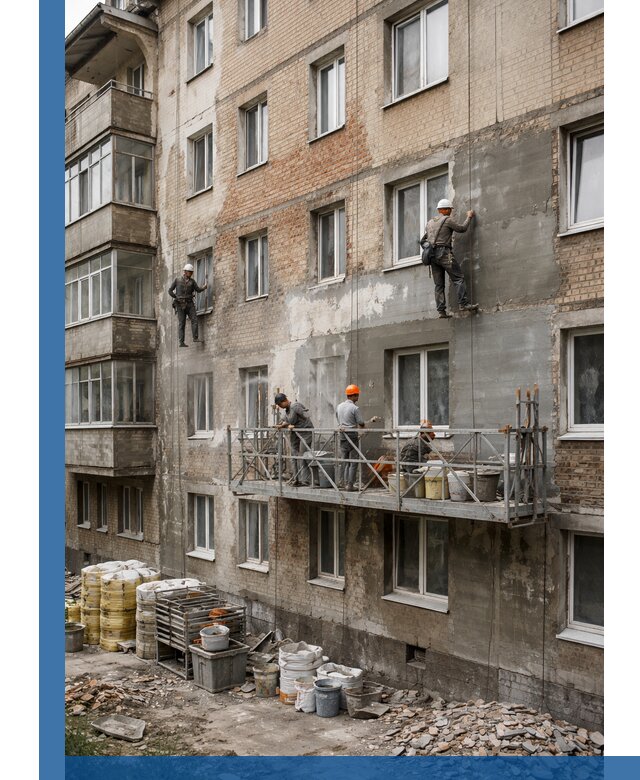 Капитальный ремонт фасада в Ишимбае с восстановлением и гидроизоляцией