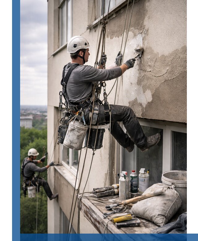 Косметический ремонт фасада зданий в Ишимбае промышленными альпинистами