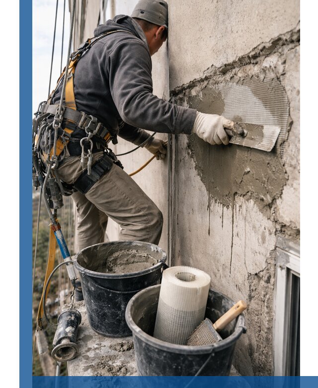 Ремонт бетонных элементов фасада промышленными альпинистами в Ишимбае