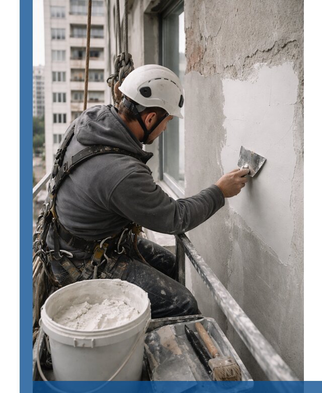 Шпаклевка фасадов на высоте с промальпинистами в Ишимбае