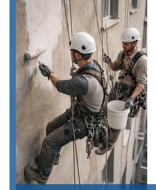 Грунтовка фасада на высоте в Ишимбае промышленными альпинистами