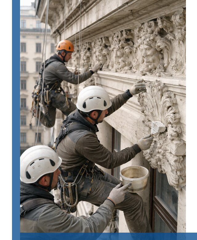 Реставрация фасадной лепнины с высотными работами в Ишимбае