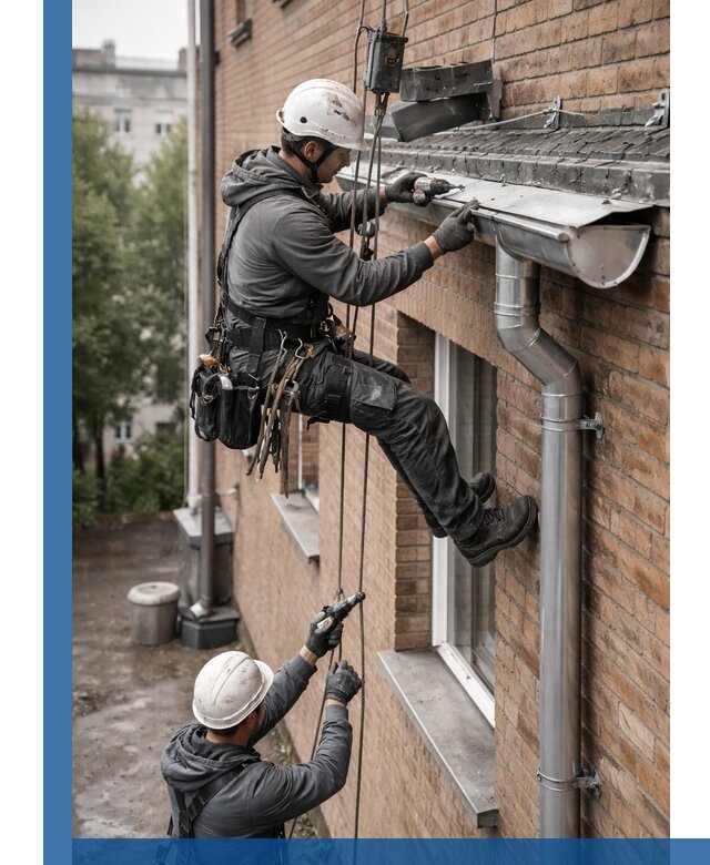 Монтаж водосточной системы на здании в Ишимбае под ключ