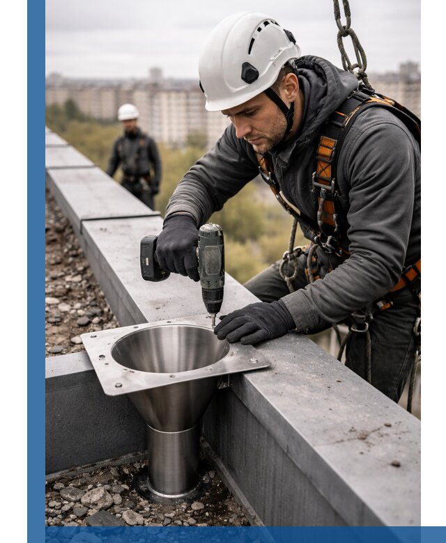 Монтаж водосточных воронок в Ишимбае для промышленных зданий