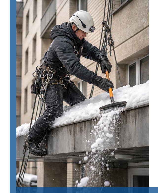 Очистка козырьков от снега в Ишимбае круглогодично безопасно