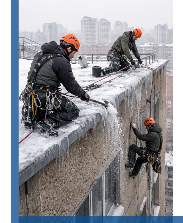 Удаление наледи с кровли в Ишимбае промышленными альпинистами