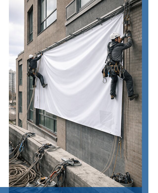 Монтаж баннеров на фасаде в Ишимбае от 659 р. заказать ВЫСОТНИК-Шмб