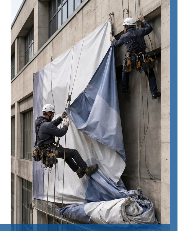 Демонтаж баннеров с фасада в Ишимбае от 4563 р. | ВЫСОТНИК-Шмб