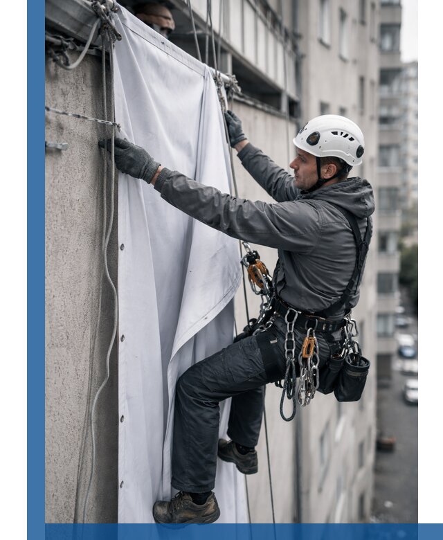 Замена баннерного полотна промышленными альпинистами в Ишимбае