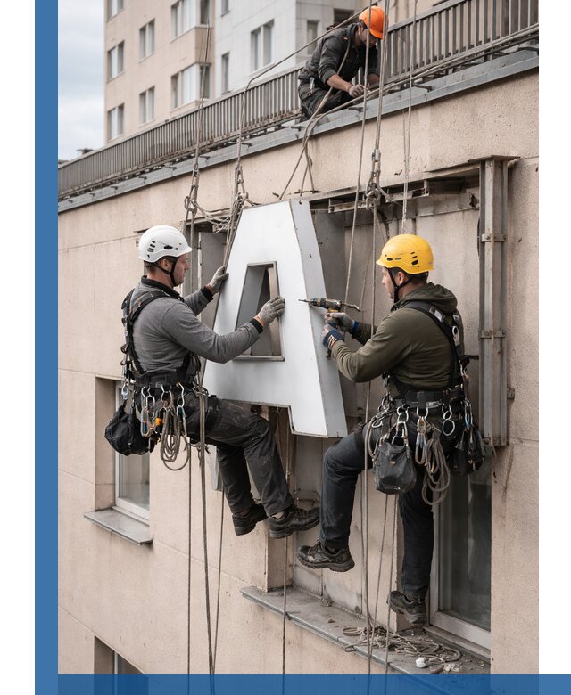 Ремонт и восстановление наружных вывесок на высоте в Ишимбае