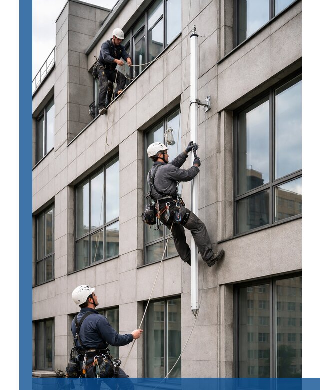 Монтаж флагштока на фасаде здания с креплением и герметикой в Ишимбае