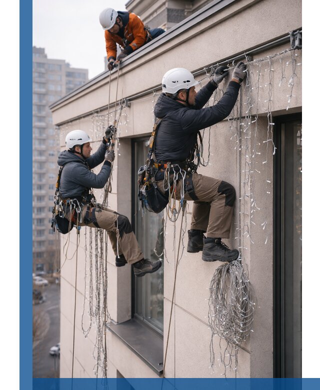 Монтаж праздничных гирлянд на фасаде в Ишимбае для зданий