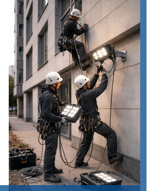 Монтаж прожекторов на фасаде в Ишимбае от 7606 р. | ВЫСОТНИК-Шмб