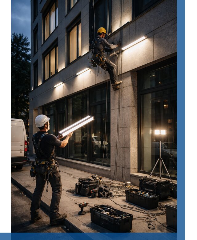 Монтаж архитектурной подсветки здания в Ишимбае от 2535 р.|ВЫСОТНИК-Шмб