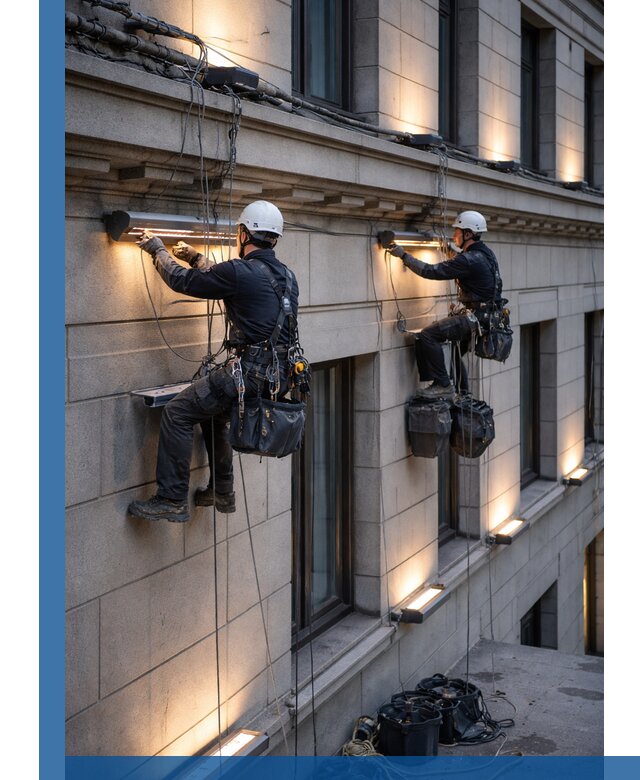 Монтаж архитектурной подсветки фасадов зданий в Ишимбае