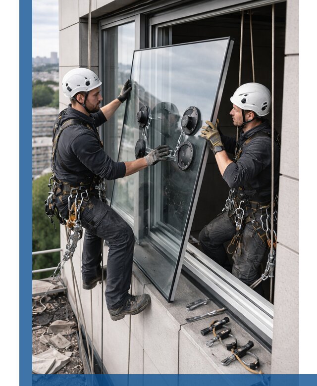 Замена стеклопакетов на высоте с промышленными альпинистами в Ишимбае