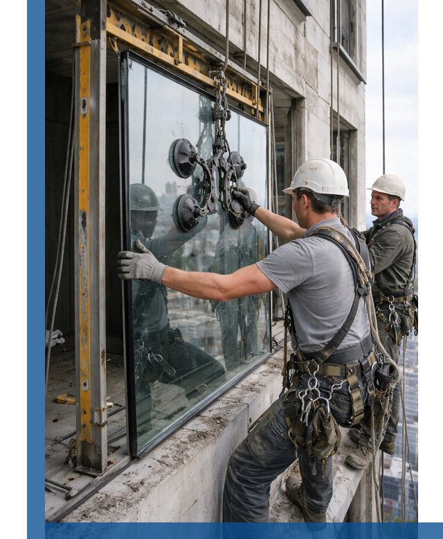 Монтаж стеклопакетов на высоте в Ишимбае с промышленным альпинизмом