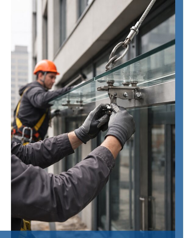 Монтаж стеклянных козырьков в Ишимбае от 8620 р. | ВЫСОТНИК-Шмб