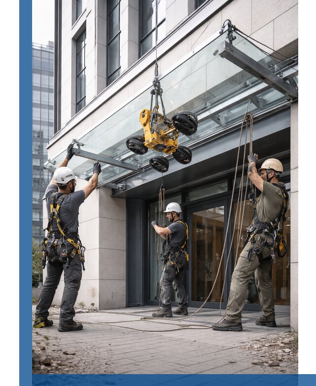 Монтаж стеклянных козырьков под ключ в Ишимбае для зданий