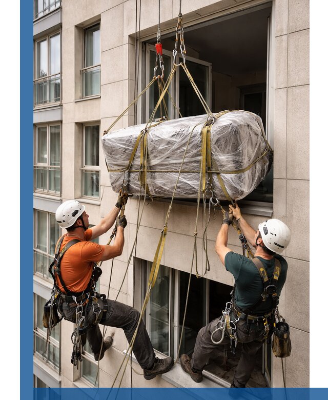 Подъем грузов через окно в Ишимбае промышленными альпинистами