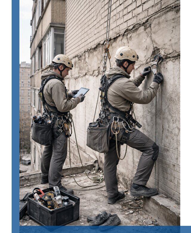 Обследование фасада промышленными альпинистами в Ишимбае