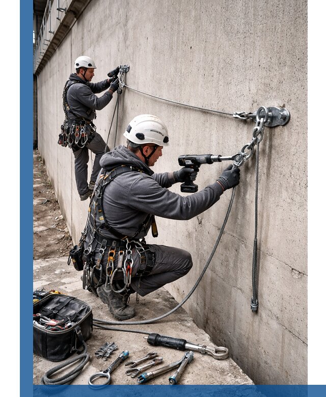 Монтаж анкерных линий высотной безопасности в Ишимбае